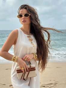 Sleeveless Dress With Round Neck And Zipper, Elegant Summer Style 2026 For Women - 白色 - 查看 4