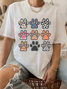 Camiseta Deportiva Casual para Mujer de Color Blanco con Coloridos Diseños de Huellas de Patas - Camiseta Elástica de Cuello Redondo, Lavable aáquina, Ajuste Cómodo y Perfecta para Todas las Estaciones. - Blanco - Ver 7