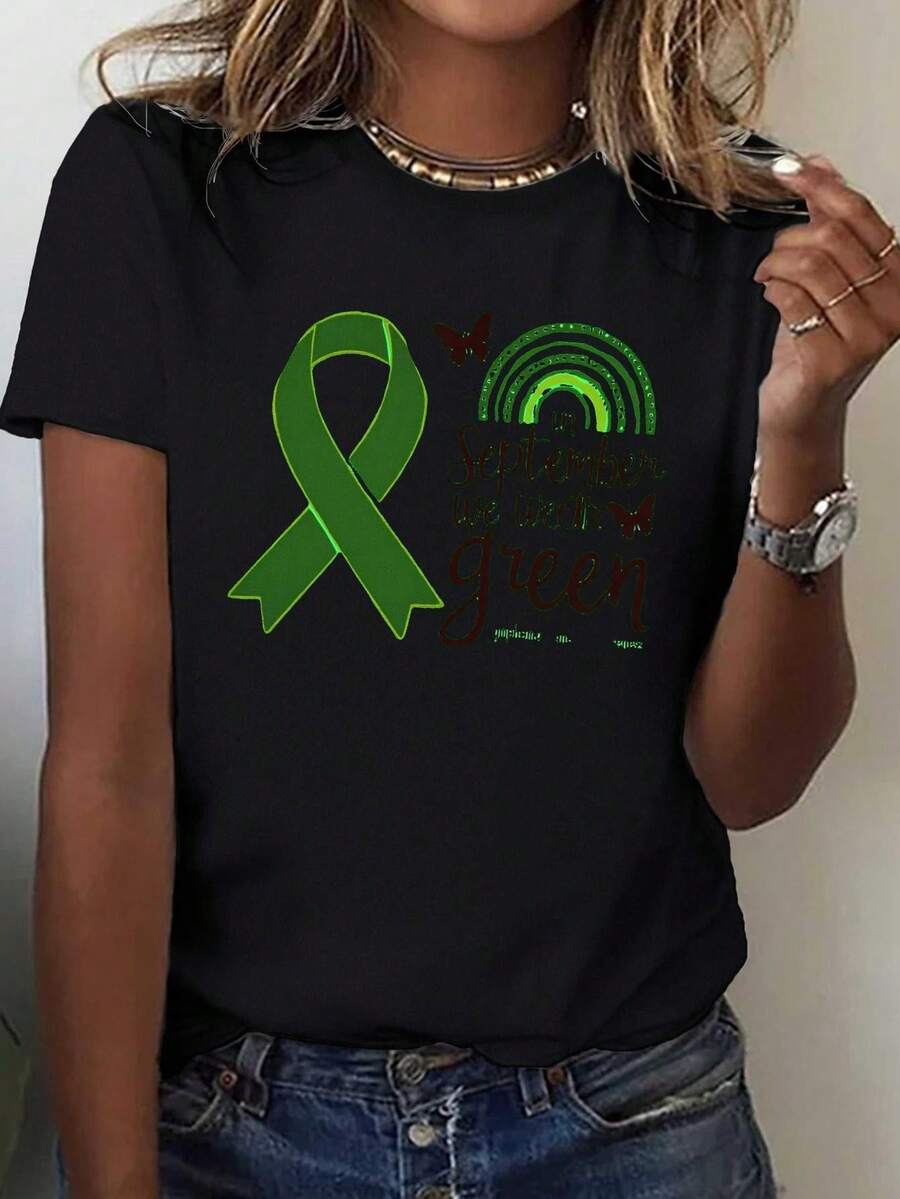 Women's Casual Sports T-Shirt In Black With Green Ribbon Design - Elastic Round Neck T-Shirt, Machine Washable, Comfortable Fit For All Seasons, For A Fun And Casual Style. - 黑色 - 查看 1