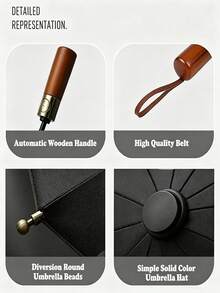 1pc Automatic Open & Close Heavy Duty Windproof Umbrella, High-End Solid Wood Handle, High Strength UV Protection Business Umbrella, Outdoor Automatic Folding Travel Umbrella, UPF50+ Alloy Ribs Wind-Resistant, Women's Umbrella, Outdoor With Umbrella Storage Bag, Unisex, Back To School Season, Gift, Daily Essential, Rainy Season Essential - A - View 9