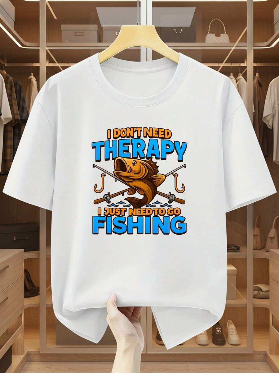 Men's Plus Size Short Sleeve T-Shirt, 100% Cotton, With Fun Print "I Don't Need To Relax, I Just Want To Go Fishing" - Comfortable And Casual Short Sleeve T-Shirt For Summer, PLUS SIZE - 白色 - 查看 1