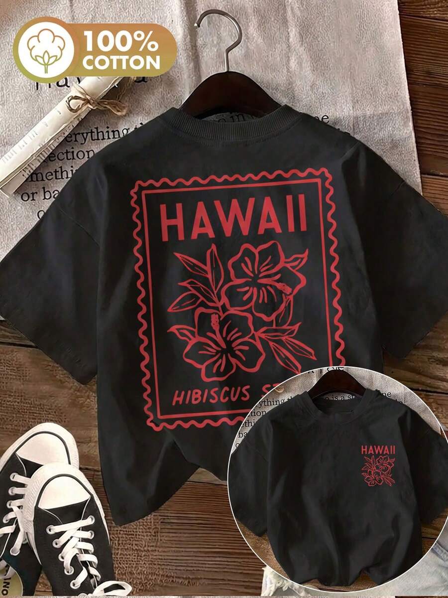 | Exquisite Design | Loose And Comfortable | Easy To Match | [Double-Sided Print] Women's Summer Clothes, Vintage Hawaiian Floral Leaf Print, Pure Cotton T-Shirt, Casual For Everyday Wear, Round Neck, Short Sleeve - 黑色 - 查看 1