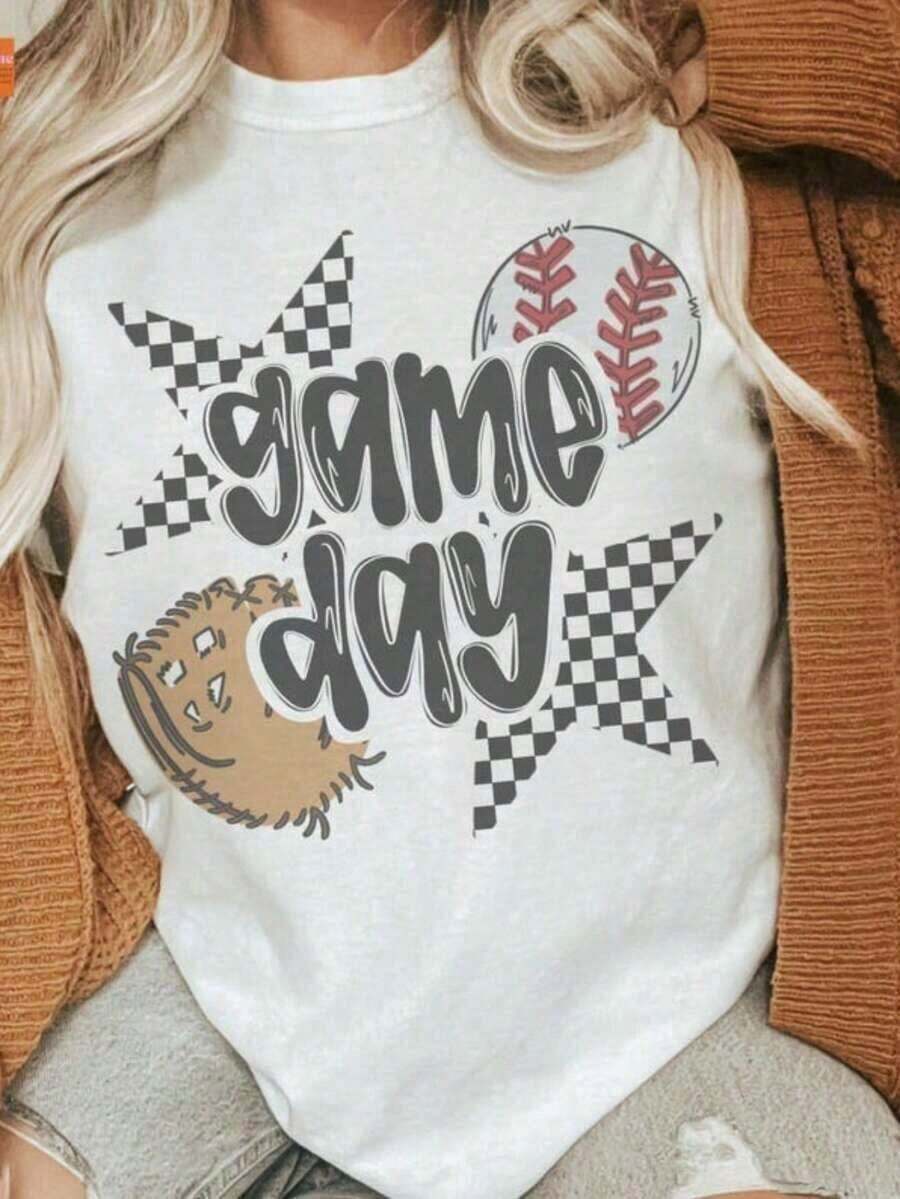 Baseball Game Day T-Shirt For Mom | Baseball Graphic Tee | Star Plaid Sports T-Shirt | Cute Game Day Outfit For Women, Crew Neck, 100% Cotton, Soft Fabric, Short Sleeve - 白色 - 查看 1