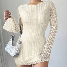 Vestido mini ajustado de encaje de estilo elegante, romántico y sexy para mujer, adecuado para fiestas, vacaciones, vuelta al colegio, citas románticas, bodas y cumpleaños - Manga larga - Celeste - Ver 4