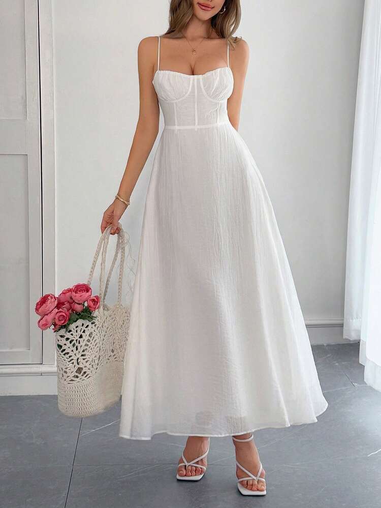 New Spring-Summer Maxi Dress For Women, Casual Holiday Style, Thin Straps, Fitted Cut, Flattering Design, Cool, Perfect For Vacation, Beach, Walks And Day Looks - White - View 2