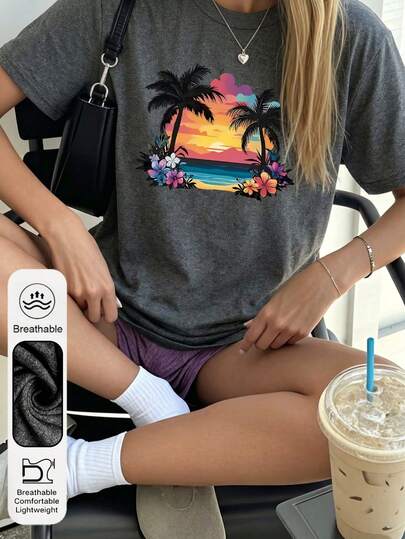 大码女式度假热带日落海滩棕榈树和鲜花图案圆领短袖休闲夏季女式深灰色上衣。