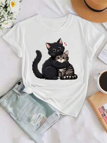 Women's T-Shirt - Short-Sleeved T-Shirt With A Cute Design Of Two Cats Hugging, Comfortable And Soft To The Touch, Casual Round Neck, Stretchy And Comfortable Fit For Spring, Summer And Autumn, Machine Washable, Sizes S-XXL, Cute T-Shirt, Fashionable Printed Shirt, Opaque Material. - 白色 - 查看 1