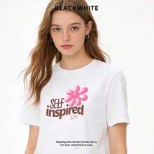 Women's Summer Outfits, Short Sleeve T-Shirt With Feminine Print, Sweet And Fresh Style, Casual, Thick Cotton, 100% Cotton - 白色 - 查看 7