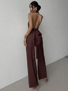 de dos piezas de top sin mangas con cuello en V asimétrico elegante y romántico, y pantalones rectos holgados de color caqui, adecuado para verano, playa, vacaciones - Café integral - Ver 2