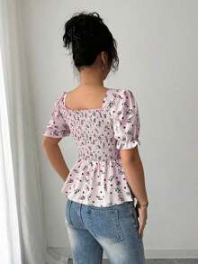 Blusa elegante de mujer con estampado floral diminuto y ajuste ceñido - Rosa - Ver 2