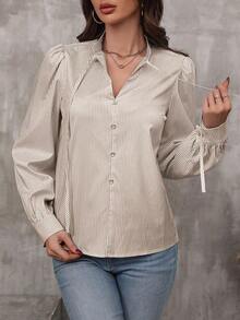 LUNE Blusa de manga farol con cuello de corbata y estampado de rayas, blusas de manga larga - Caqui - Ver 3