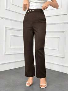 Pantalones elegantes de mujer con pierna recta, cintura suelta y detalles de botones para otoño/invierno - Café integral 2 - Ver 4