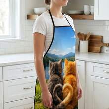 1 pieza, Delantal de poliéster con diseño de gato cocinero y girasol, adecuado para cocinar, hornear y jardinería - se puede usar como atuendo para la cocina y el comedor - Multicolor - Ver 2