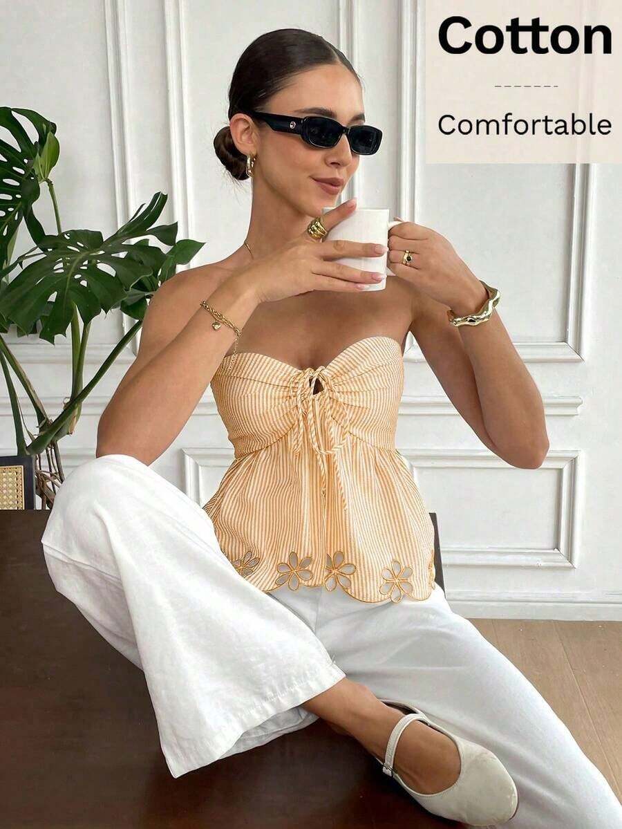 Top camisole de mujer con estampado, bordado y rayas, ideal para vacaciones con lazo delantero - Amarillo - Ver 1
