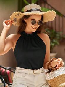 VCAY Blusa de verano para mujer con cuello con volantes, escote en la espalda y top sin mangas - Negro - Ver 3