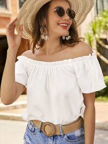 Blusa de hombros descubiertos ribete fruncido - Blanco - Ver 7