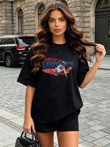 Women's Soft And Casual Short-Sleeved Crew Neck T-Shirt With A Jett Lawrence Motocross Graphic Print, Perfect For Spring And Summer Outfits. Black. - 黑色 - 查看 2