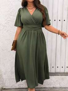 Vestido maxi de verano para mujer talla grande, de manga corta con volantes y cuello en V de un solo color - Verde militar - Ver 1