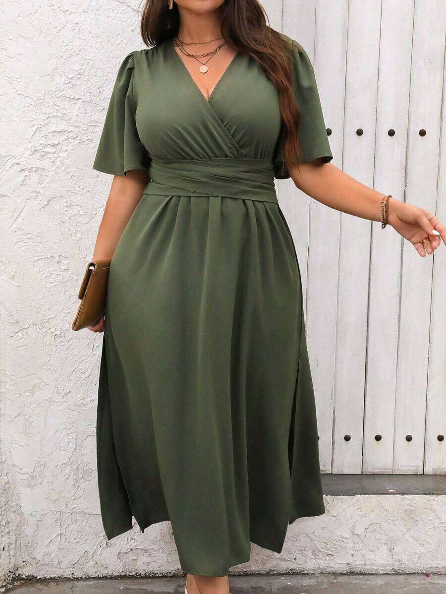 Vestido maxi de verano para mujer talla grande, de manga corta con volantes y cuello en V de un solo color - Verde militar - Ver 1