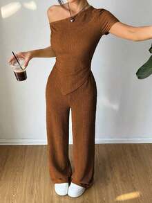 Set de 2 piezas: Camiseta con hombro asimétrico + Pantalones de pierna ancha y cintura baja, Ropa de estar en casa casual - Marrón - Ver 4