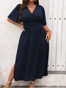 Vestido maxi de verano para mujer talla grande, de manga corta con volantes y cuello en V de un solo color - Azul marino - Ver 4