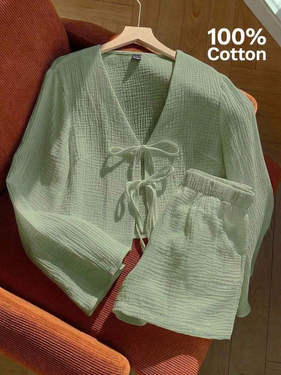 Conjunto de blusa con amarre al frente y shorts con estampado de anacardo para mujer, en estilo bohemio - Verde Oliva - Ver 1