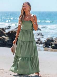 Vestido casual sin mangas con lazo para primavera y verano, atuendos de verano para mujer, vestidos de verano para mujer, atuendos de vacaciones, vestido de playa de verano para mujer, vestido de vacaciones estilo boho y fairycore, vestido sin esp - Verde 2 - Ver 2