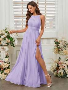 Belle Vestido de dama de honor con cuello de halter de unicolor, cintura imperio y abertura frontal alta.Elegante vestido color púrpura claro para boda. - Morado Violeta - Ver 5