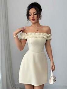 Vestido romántico con hombros descubiertos y volantes en la cintura para mujeres - Albaricoque - Ver 6