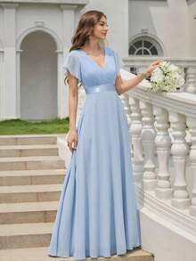 Vestido de dama de honor con cuello en V elegante, mangas con volantes y mariposa, color verde salvia, vestido de invitada de boda, vestido de primavera semi-formal para boda, fiesta de cumpleaños, graduación, Día de San Valentín - Celeste - Ver 9