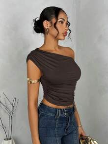 Blusa de verano de unicolor con hombro asimétrico y fruncido para mujer - Café integral - Ver 4