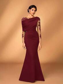 Elegante y romántico vestido de lujo de punto elástico verde oliva con contraste de malla, volante asimétrico en el hombro, ajustado y con bajo de cola de pez, adecuado para fiesta de noche, cita, baile de graduación, boda, luna de miel - Burdeos - Ver 1