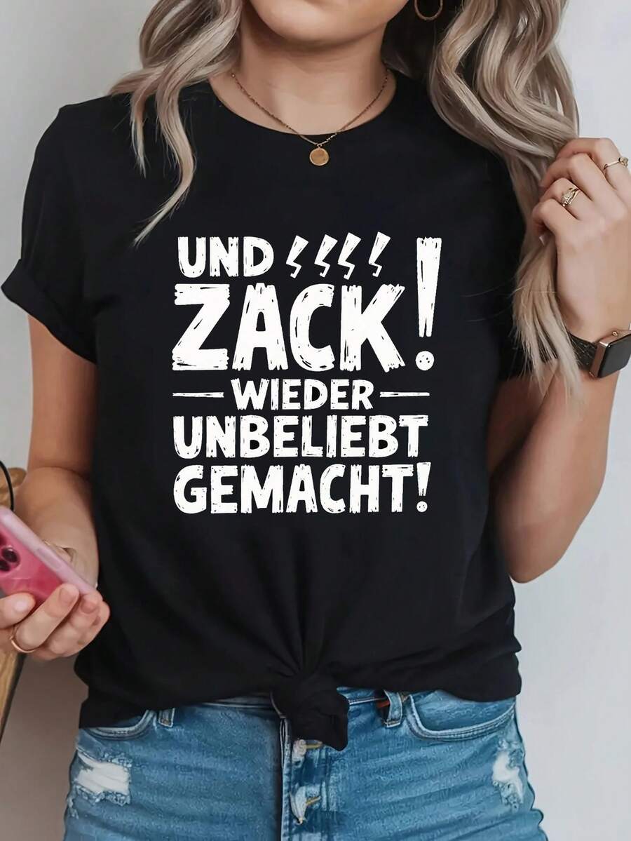 Plus Size, UND ZACK WIEDER UNBELIEBT GEMACHT Women's Plus Size Letter Print T-Shirt, Short Sleeve, Round Neck, Casual Top For Summer And Spring, Women's Clothing - 黑色 - 查看 1