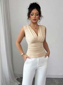 Camiseta de mujer elegante y romántica con perlas beige - Albaricoque - Ver 5