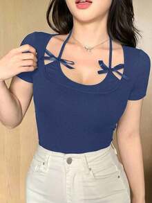 Camiseta de manga corta de ajuste ceñido, casual y sexy con decoración de lazo en el cuello halter para mujer - Azul marino 2 - Ver 2