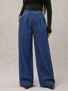Pantalones anchos de pierna ancha minimalistas y elegantes para mujer, aptos para ir al trabajo, pantalones anchos de pierna ancha blancos, pantalones anchos de cintura alta, pantalones de traje blancos, para otoño e invierno. - Azul lavado medio - Ver 1