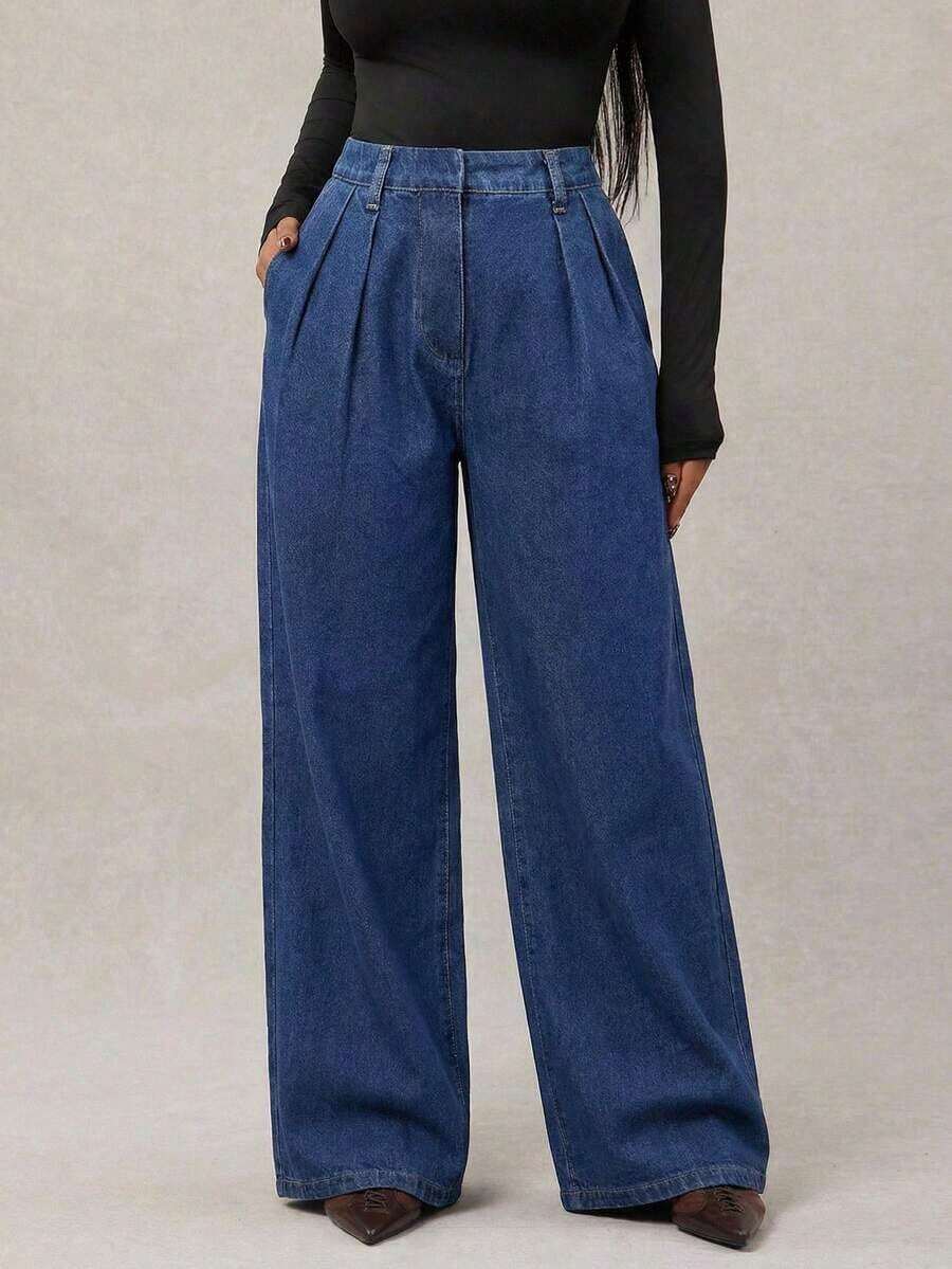Pantalones anchos de pierna ancha minimalistas y elegantes para mujer, aptos para ir al trabajo, pantalones anchos de pierna ancha blancos, pantalones anchos de cintura alta, pantalones de traje blancos, para otoño e invierno. - Azul lavado medio - Ver 1