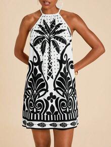 Vestido corto holgado con hombros al descubierto y estampado tejido para mujeres para vacaciones - Blanco y Negro - Ver 7