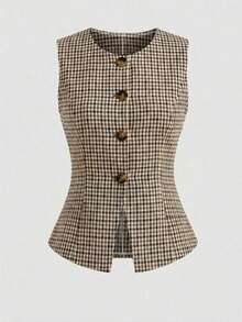 Conjunto de blazer sin mangas y pantalones a cuadros vintage 2026 - Detalles de botones de cintura alta, versátil y elegante conjunto de dos piezas para la oficina casual y las vacaciones - Multicolor 4 - Ver 4