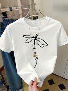 Monochromatic Ode To The Elegance Of Nature, Standard Size, Women's Casual Home T-Shirt, Printed, Round Neck, Sheer Short Sleeve - 白色 - 查看 12