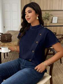 Weeklong Camisa suelta con botones y bordado de ojetes asimétrico, atuendo casual para diario/vacaciones, ropa de oficina - Azul marino - Ver 6