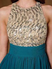 Vestido de noche de cuello redondo y halter nuevo de , vestido de gasa con abertura alta y parches de lentejuelas para fiesta - Verde - Ver 6