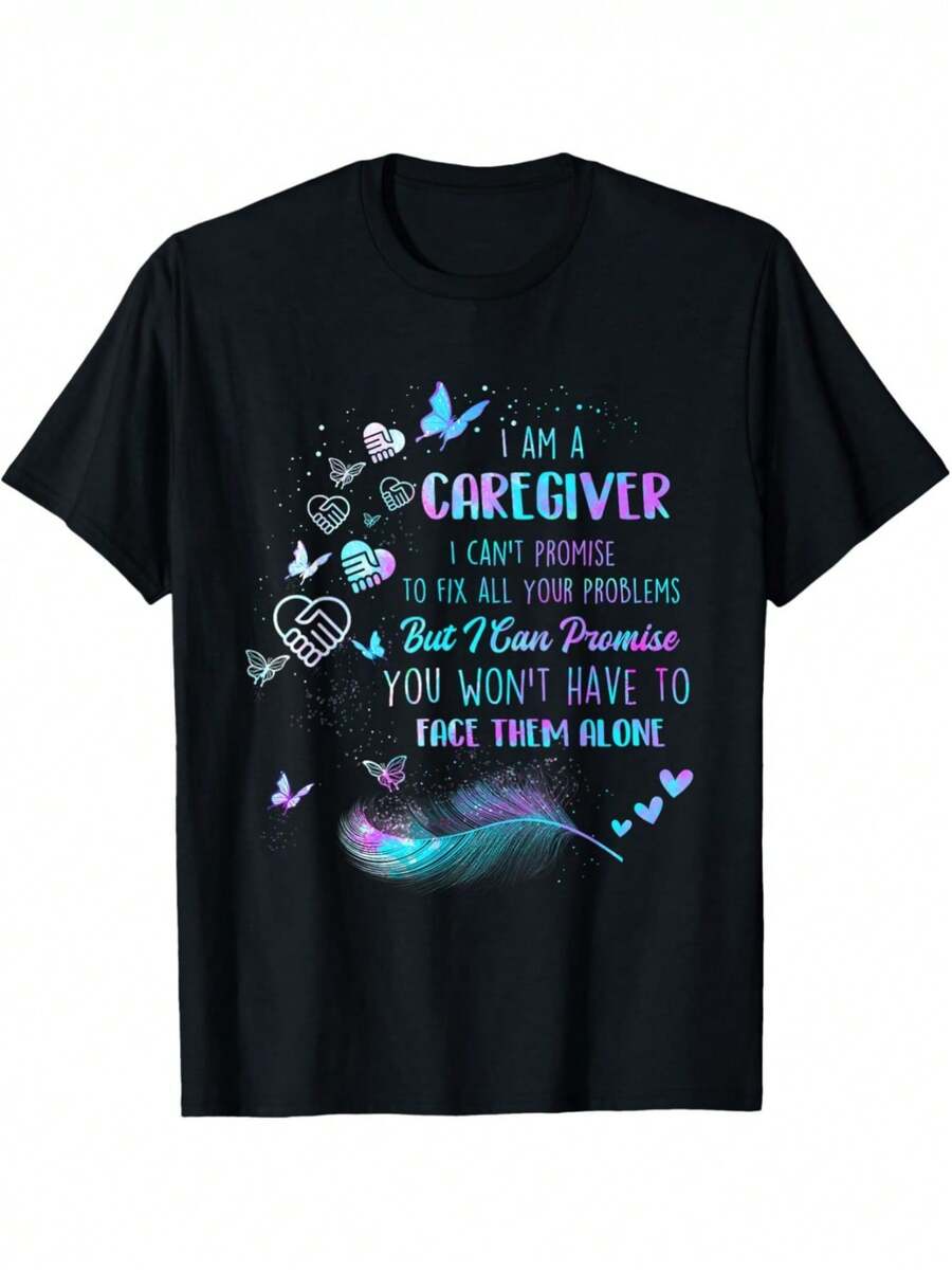 I'm A Caregiver, I Can't Guarantee It - Nurse/Caregiver T-Shirt, Crew Neck, Ultra Soft And Breathable, 100% Cotton, Thanksgiving And Christmas Gift For Men, Women, Parents, Dads, Moms, Friends. - 黑色 - 查看 1