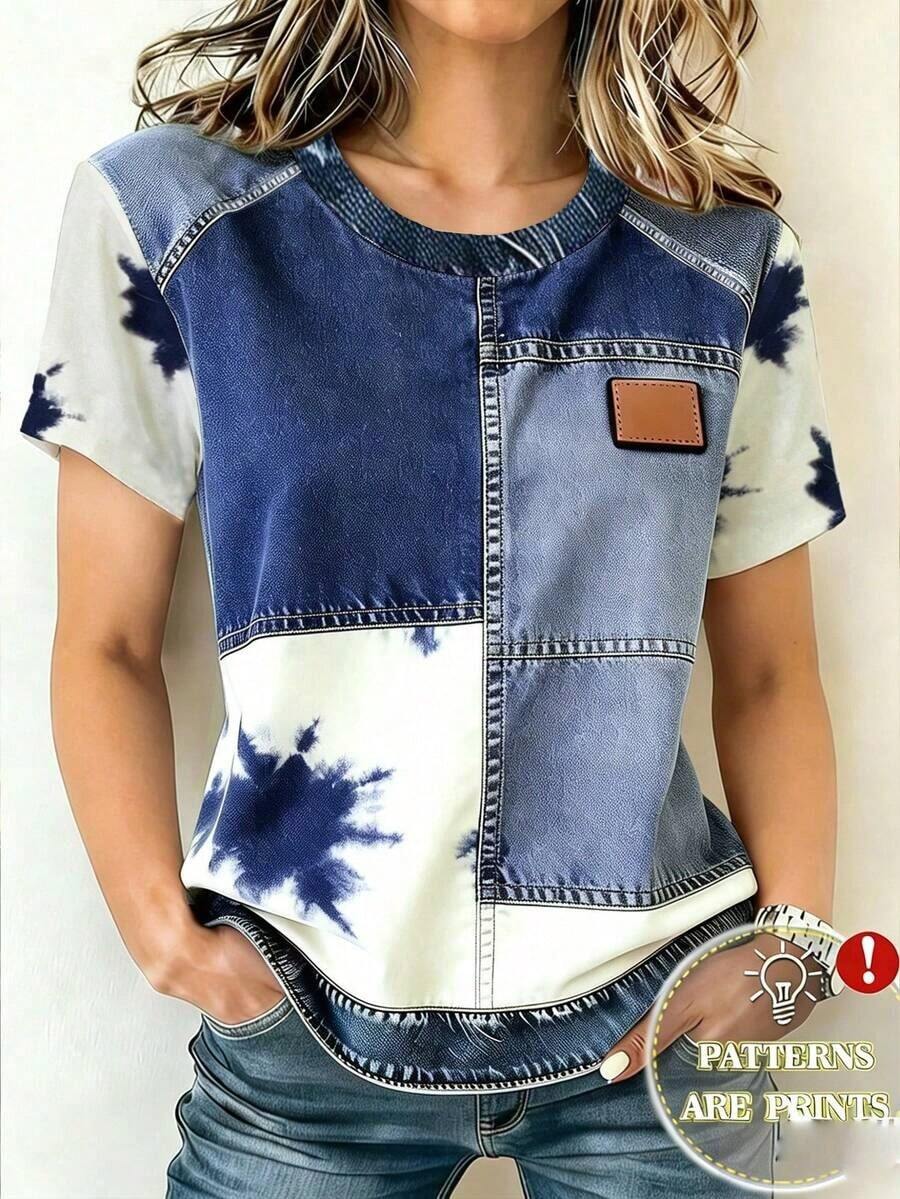 Camiseta casual versátil de mujer con cuello redondo, manga corta y diseño de rayas y patchwork - Multicolor - Ver 1