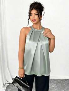 Camiseta sin mangas con pliegues 3D elegante para mujer de talla grande, versátil para fiesta, té de la tarde, ir al trabajo, color caqui - verde menta - Ver 5