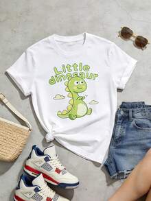 Women's Soft And Casual Short-Sleeved T-Shirt With A Round Neck, Featuring A Small Dinosaur Graphic Print, Suitable For Casual Spring And Summer Outfits. White. - 白色 - 查看 5