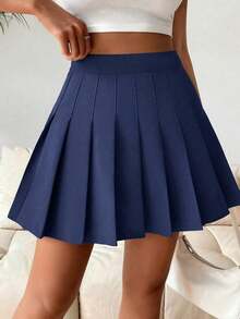 Falda pantalón casual de talle alto con pliegues y rayas para mujer - Azul marino - Ver 4
