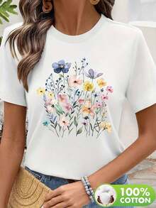 Camiseta Casual de Manga Corta para Mujer 100% Algodón| Top con Estampado Floral y Cuello Redondo, Transpirable, Lavable, Corte Regular, Ideal para Primavera y Verano, Comodidad Diaria, Tela No Transparente - Blanco - Ver 1