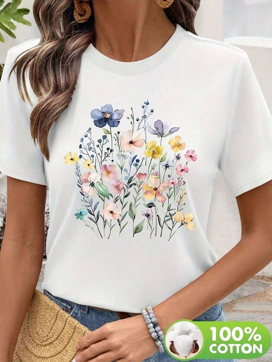 Camiseta Casual de Manga Corta para Mujer 100% Algodón| Top con Estampado Floral y Cuello Redondo, Transpirable, Lavable, Corte Regular, Ideal para Primavera y Verano, Comodidad Diaria, Tela No Transparente - Blanco - Ver 1