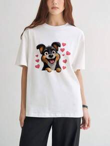 Camiseta de estilo casual para hombre con estampado de perro sonriente y corazones rojos ideal para uso diario en primavera y verano perfecta como regalo para amantes de las mascotas - Blanco - Ver 1